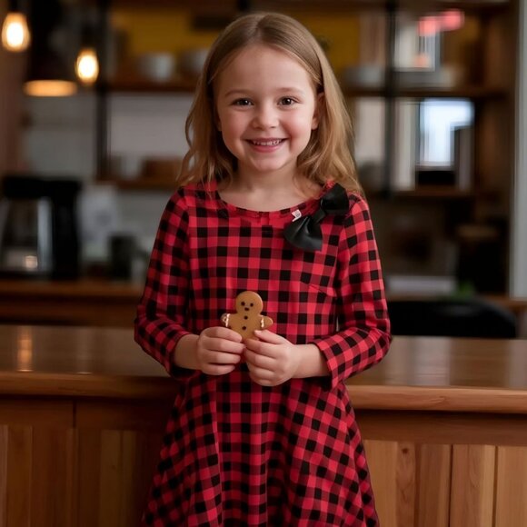 Girls Red Black Plaid Dress ✦ Fabkids XL ✦ Vegan Leather Bow ✦ Holiday Partywear - Picture 1 of 6